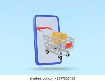 3D illustration vector render of shopping cart icon, parcel box and mobile phone. Concept of shopping via e-commerce platform and home delivery service. Convenient online transaction.