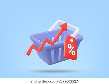 3D illustration vector render of shopping cart icon, discount coupon and up arrow. Concept of using discounts and promotions to save money on shopping. Budget saving.