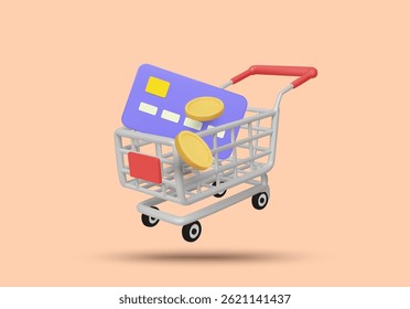 Vetor de ilustração 3D renderização de ícone de carrinho de compras, cartão de crédito e moeda. Conceito de comércio eletrônico, compras em linha, método de pagamento, transação financeira, carteira digital. Vitrine, online.