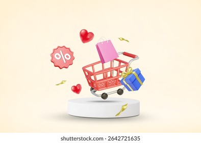 3D illustration vector render of shopping cart on a pedestal, surrounded by discount signs, gift boxes, hearts, bags and ribbons or gold foil. Online shopping atmosphere, promotion, discount.