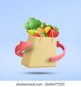 3D illustration vector render of shopping bag with organic fruits and vegetables, broccoli, banana,strawberry,apple,carrot with spiral arrows,fresh goods delivery or refund concept,online supermarket