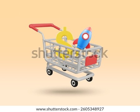 3D illustration vector render of shopping cart icon, rocket, dollar symbol, growth concept in market and business, e-commerce or fast online retail, trade, expansion, asset growth, profit.