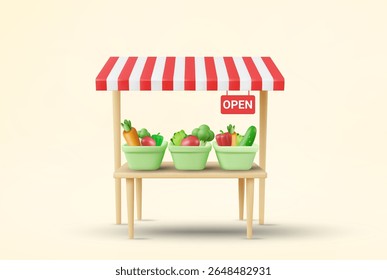 3D illustration vector render of a tabletop shop with a sign “OPEN” hanging in front, with trays of various fresh vegetables, concept of fresh market or organic fresh vegetable shop.
