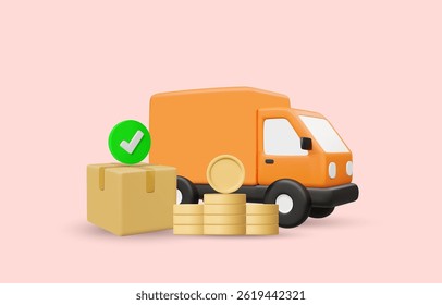 3D illustration vector render truck icon, parcel box with check mark and coin. Concept of logistics, e-commerce, secure shipping, order completed, profit from delivery service, transportation business