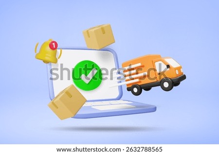 3D illustration vector render of truck coming out of laptop or notebook screen with parcel box and number 1 notification bell icon. Fast Online Delivery Alert concept, E-commerce service.