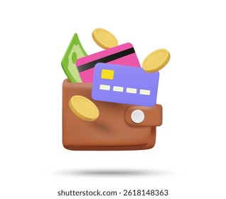 3D illustration vector render of wallet icon, banknotes and coins, credit card isolated on white. Concept of personal finance, management, online payment, budgeting, digital wallet, app ,shopping.