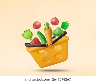 3D illustration vector render of yellow basket with assorted fresh vegetables. Carrots, tomatoes, broccoli, cucumbers, red and green bell peppers, cabbage. Quality vegetable shopping concept.