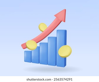 3D illustration, vector rendering of a blue bar graph icon showing progress. With rising red arrows and golden coins floating around, financial growth concept. success in business and wealth