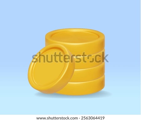 3D illustration. Vector rendering of golden coin icons stacked in a pile. With one coin leaning against the front. on a light blue background It represents the concept of accumulating assets, finances