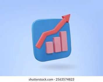 3D illustration. Vector rendering of a pink bar graph icon and a red arrow pointing up. which indicates growth or a positive trend Minimalist and modern style for business, finance or data analysis.