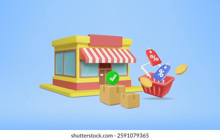 3D Illustration Vector Rendering Retail Store Icon with Striped Canopy, Parcel Box, Shopping Cart with Discount Sign and Floating Coins, Representing Online Shopping, Sales and Ecommerce Business.
