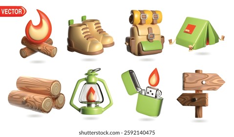 3D illustration vector set featuring camping gear icons, including a campfire, boots, backpack, tent, logs, lantern, lighter, and signpost. Ideal for outdoor adventure and camping themes.