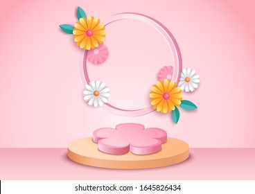 3D Illustration vector of stand podium design with flowers for spring season on pink background.