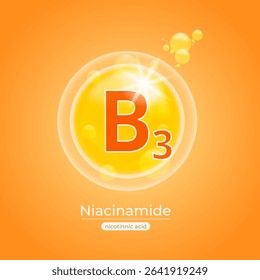 3d illustration of vitamin B3 structure with on yellow golden background