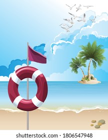 3D illustration warning read flag on beach meaning it is dangerous to bathe or swim and people should not go into the water set against a blue cloudy sky