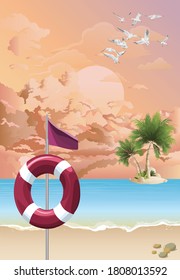 3D illustration warning read flag on beach meaning it is dangerous to bathe or swim and people should not go into the water set against a dawn or dusk pink sky