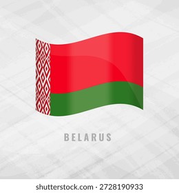 Ilustración 3D de la bandera ondeando de Bielorrusia. Símbolo nacional de la República de Bielorrusia sobre un fondo gris texturizado con un patrón tradicional de adornos rojos y blancos.