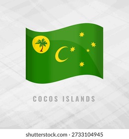 3D illustration of the waving flag of the Cocos (Keeling) Islands. Vector national symbol of the Australian territory on a grey background. Features a palm tree and crescent moon.