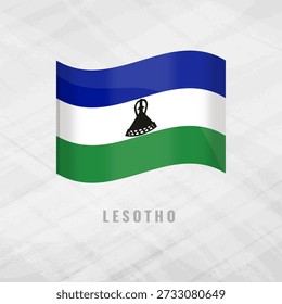 3D illustration of the waving flag of Lesotho. Vector national symbol of the Kingdom of Lesotho on a grey background. Features the traditional Basotho hat on a blue, white, and green field.