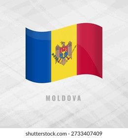 Ilustración 3D de la bandera ondeando de Moldavia. Símbolo nacional Vector de la república moldava sobre un fondo gris con textura. Presenta el tricolor azul, amarillo y rojo con el escudo de armas.