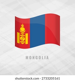 Ilustración 3D de la bandera ondeando de Mongolia. Símbolo nacional Vector de la nación mongola sobre un fondo gris con textura. Cuenta con el tricolor rojo y azul con el símbolo amarillo Soyombo.