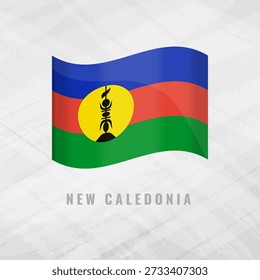 3D illustration of the waving flag of New Caledonia. Vector regional symbol of the Kanaky archipelago on a grey background. Features the blue, red, green tricolor with the flèche faîtière.