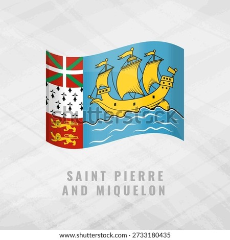 3D illustration of the waving flag of Saint Pierre and Miquelon. Local symbol of the French collectivity on a grey background. Features a yellow ship and panels for Basque, Breton, and Norman.