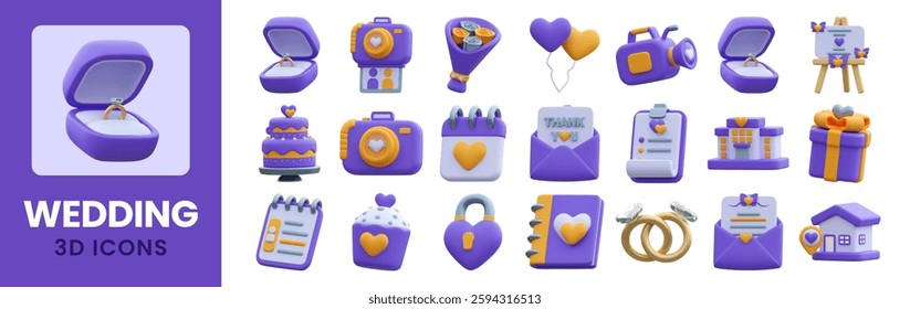 3D illustration of wedding-themed icons, including rings, gifts, balloons, cake, camera, thank you card, and more, ideal for wedding, celebration, and romantic concepts.
