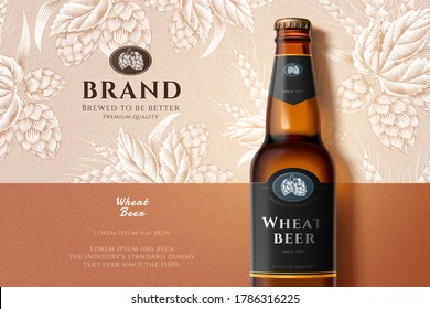 3d illustration wheat beer glass bottle flat lay on engraving style background, ears of wheat and hops elements