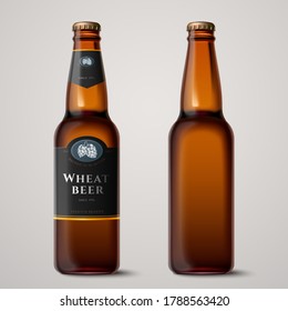 3d ilustración botella de vidrio de cerveza de trigo mockup sobre fondo gris claro, una con etiqueta y otra sin