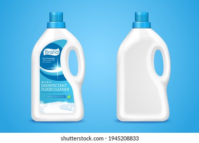 3d illustration of while plastic bottles set with handle and screw cap. Bottle package mock up isolated on blue background, suitable for house cleaner.