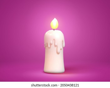 3d illustration of a white candle with burning flame. Isolated on purple background