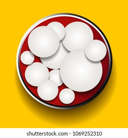 3D Illustration of White Circles in a Red Metallic Border Over Yellow Background