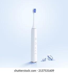 3d illustration of white electronic tooth brush and diamonds, isolated on light blue background.