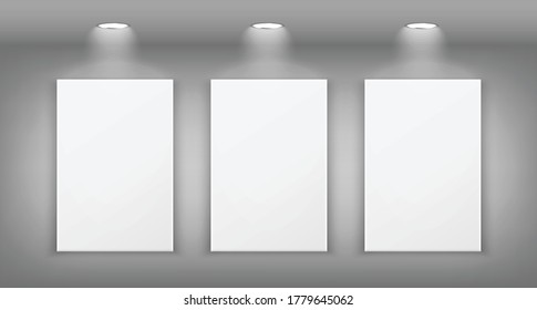 3d illustration of a white gallery wall with lighting and empty frames for paintings and ads. Mockup for an exhibition in an art gallery. Realistic vector illustration.