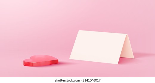 3D Illustration of a white paper stand and a red acrylic heart decoration isolated on pink background. Elements suitable for Mother's Day and Teacher's Day