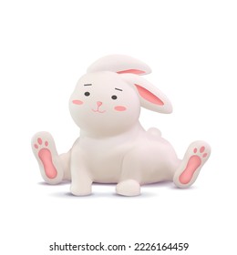 3d illustration of white rabbit sitting down. Cute symbol of the year on transparent background.