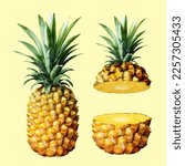 3D illustration of whole pineapple and pineapple cut in half elements isolated on light yellow background