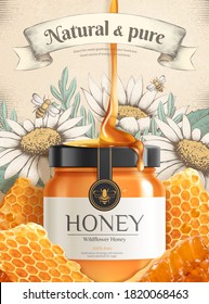 3d illustration wildflower honey ads with liquid dripping down on glass jar, realistic honeycombs and engraving style white flowers background