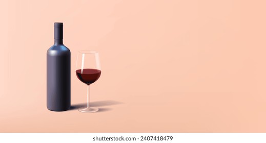 3d illustration of wine bottle with wine transparent glass and red wine isolated.