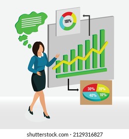 3d illustration. A woman is doing a business presentation showing graphs and charts