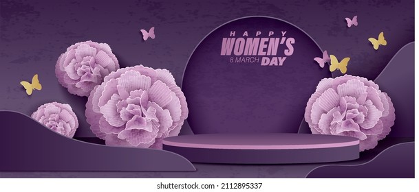 3D illustration of Women's Day product display background with flower decoration and podium.