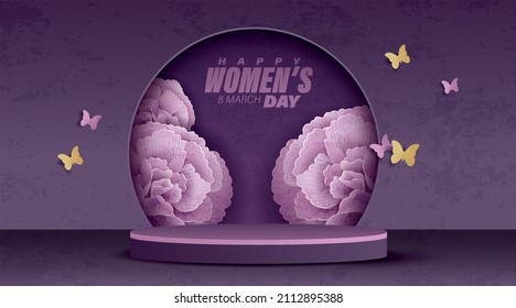 Ilustración 3D del fondo del producto del Día de la Mujer con decoración floral y podio.