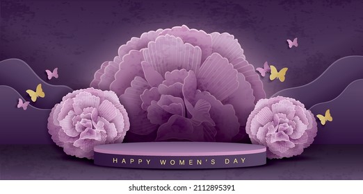 3D illustration of Women's Day product display background with flower decoration and podium.