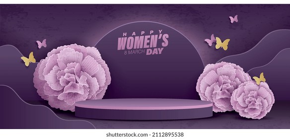 3D illustration of Women's Day product display background with flower decoration and podium.