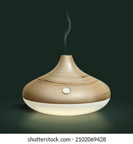 3d illustration of wooden mountain shape essential oil diffuser, air humidifier. Organic and natural aroma spa concept. Isolated on dark green background.