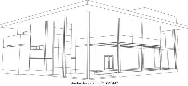 3D illustration of workplace building in wireframe