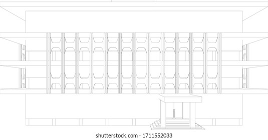3D illustration of workplace building in wireframe