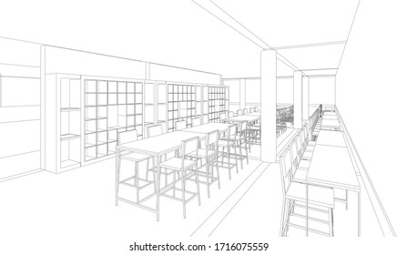 3D-Illustration des Arbeitsplatzbaus im Rahmen von Wireframe - Vektorillustration-Perspektive