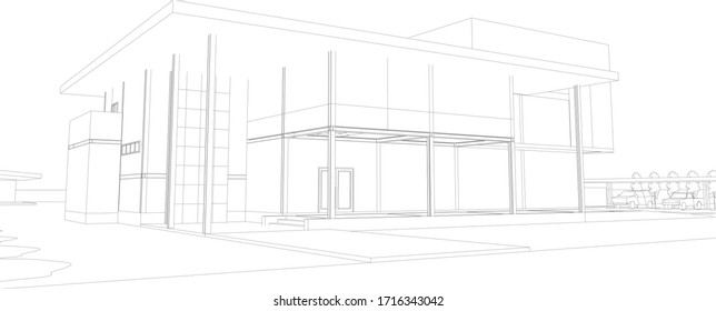 3D illustration of workplace building in wireframe - vector perspective